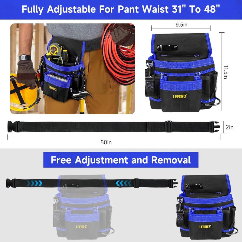 LEFORZ Tool Belt,Magnetic Tool Pouch,14-Pockets Tool Belts for Men,Detachable & Adjustable Tool Pouch belt for Electrician,Carpenter,Construction,Work Apron,Utility Belt,Black-Blue - Image 2